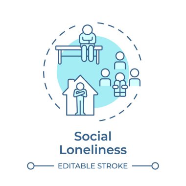 Sosyal yalnızlık, yumuşak mavi kavram ikonu. Sosyalleşme, arkadaşlık. Zihinsel refah. Yuvarlak şekil çizimi. Soyut bir fikir. Grafik tasarımı. Bilgide ve sunumda kullanması kolay