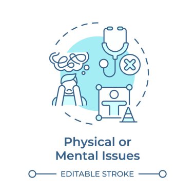 Fiziksel ve zihinsel sorunlar, yumuşak mavi konsept ikonu. Depresyon, sağlık. Sosyalleşme, topluluk. Yuvarlak şekil çizimi. Soyut bir fikir. Grafik tasarımı. Bilgide kullanması kolay