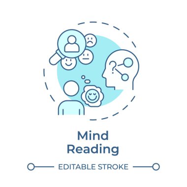 Zihin, yumuşak mavi konsept simgesi okuyor. Olumsuz düşünce. Duygu tahmini. Farkına varan duygular. Yuvarlak şekil çizimi. Soyut bir fikir. Grafik tasarımı. Bilgide kullanması kolay