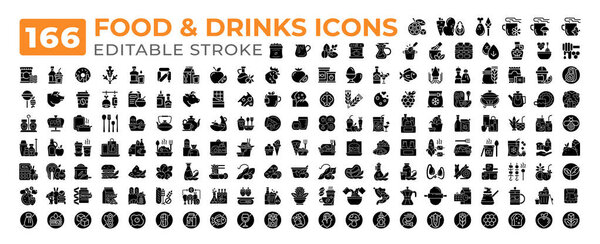 Food and drinks glyphs icons big set. Fastfood. Cooking. Allergen free. Coffee brewing. Beverage healthy eating iconset solid signs. Silhouettes symbols. Vector isolated illustrations. Editable stroke