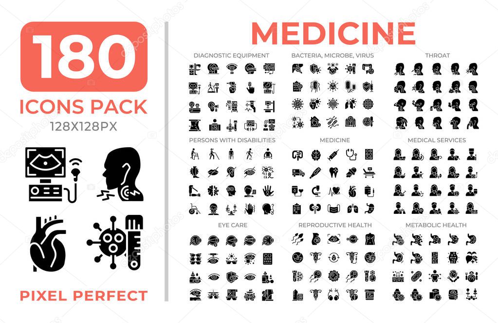 Medicine glyphs icon set collection. Disabilities, diagnostics. Diseases treatments. Medical services mega pack of black solid symbols, pixel perfect. Isolated vector illustrations. Editable stroke