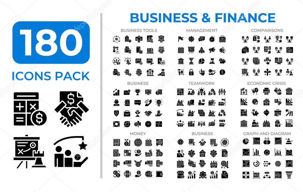 Business finance glyphs icon set collection. Corporate teamwork. Economic crisis. Financial management mega pack of black solid symbols, pixel perfect. Isolated vector illustrations. Editable stroke