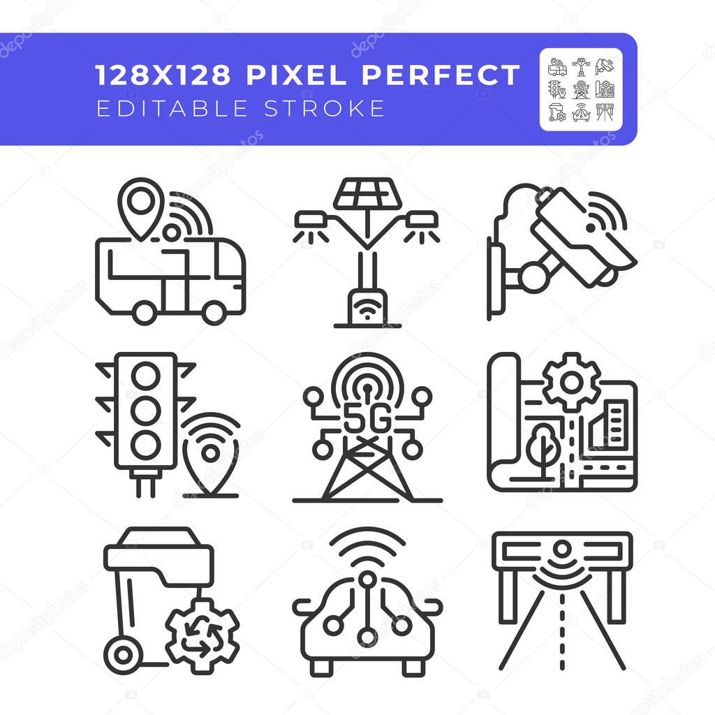Urban city planning pixel perfect linear icons set. Smart transportation, mobility. Street lighting. Customizable thin line symbols. Isolated vector outline illustrations. Editable stroke