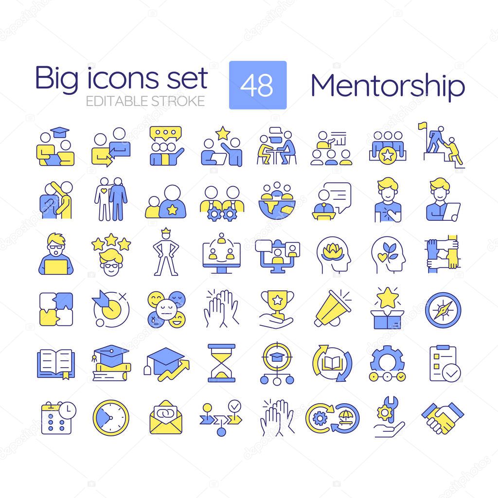 Mentorship RGB color icons set. Professional development. Personal growth. Mentoring programs. Isolated vector illustrations. Simple filled line drawings collection. Editable stroke