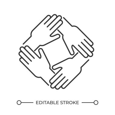 Takım destek lineer simgesi. Takım çalışması konsepti. İşbirliği ve birlik. Bağlı eller. Birlikte çalışmak. İnce çizgili çizim. Contour sembolü. Vektör çizimi. Düzenlenebilir vuruş