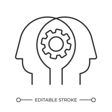 İşbirliği doğrusal simgesi. Takım çalışması konsepti. Sorun çözme. İki insan kafası ve dişli ikonu. Bilgiyi paylaş. İnce çizgili çizim. Contour sembolü. Vektör çizimi. Düzenlenebilir vuruş
