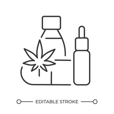 Kenevir ilacı doğrusal simgesi. Cannabinoidler. CBD yağı ve haplar. Alternatif tıp. Tentür cbd. İlaveler. İnce çizgili çizim. Contour sembolü. Vektör çizimi. Düzenlenebilir vuruş