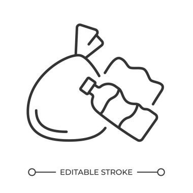 Çöp doğrusal simgesi. Atık toplama, yönetim. Plastik şişe, çöp torbası ve buruşuk kağıt. Kirlilik. İnce çizgili çizim. Contour sembolü. Vektör çizimi. Düzenlenebilir vuruş