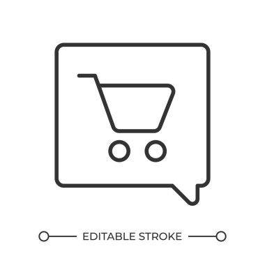 Çevrimiçi müşteri destek lineer simgesi. Alışveriş arabası ve konuşma balonu. Ticaret için. İnternetten alıyorum. İnce çizgili çizim. Contour sembolü. Vektör çizimi. Düzenlenebilir vuruş