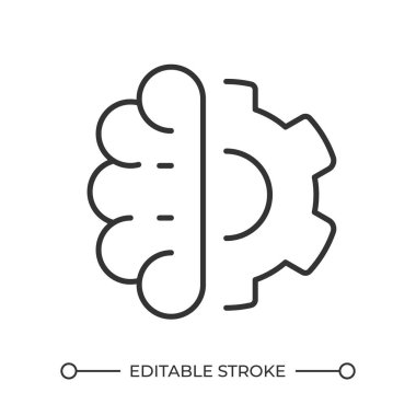 İnsan beyni ve dişli doğrusal simgesi. Mantık ve yaratıcılığın kombinasyonu. Sorun çözme. İnsan düşüncesi ve teknoloji. İnce çizgili çizim. Contour sembolü. Vektör çizimi. Düzenlenebilir vuruş