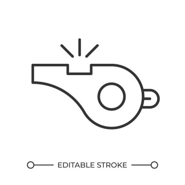 Doğrusal ıslık simgesi. Spor malzemeleri. Koçluk. Hakem düdüğü. Alarm sinyali. Maç sırasında dikkat sesi. İnce çizgili çizim. Contour sembolü. Vektör çizimi. Düzenlenebilir vuruş