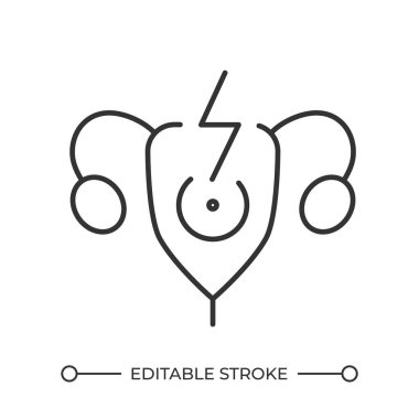 Adet sancıları doğrusal ikonu engeller. Rahim ağrısı. Üreme sağlığı. Endometriyozis. Kadın sağlığı. Adet acısı. İnce çizgili çizim. Contour sembolü. Vektör çizimi. Düzenlenebilir vuruş
