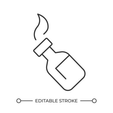 Molotof kokteyli doğrusal simgesi. Ateş, alev ve şişe. Kundakçılık tehlikesi. İmha eylemi. Patlayıcı şişe. İnce çizgili çizim. Contour sembolü. Vektör çizimi. Düzenlenebilir vuruş