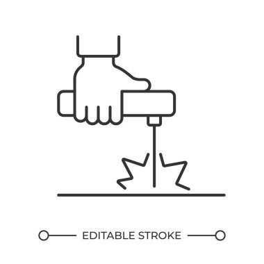 Kaynak doğrusal simgesi. Kaynak makinesiyle el ele tutuşmak. Metal işçiliği konsepti. Endüstriyel el alet. Kaynak kıvılcımları. İnce çizgili çizim. Contour sembolü. Vektör çizimi. Düzenlenebilir vuruş