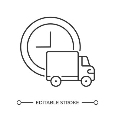 Teslimat zamanı doğrusal simgesi. Saat ve kamyon. Hızlı nakliye. Zamanında kurye servisi. Ulaşım. Hızlı sevkiyat. İnce çizgili çizim. Contour sembolü. Vektör çizimi. Düzenlenebilir vuruş