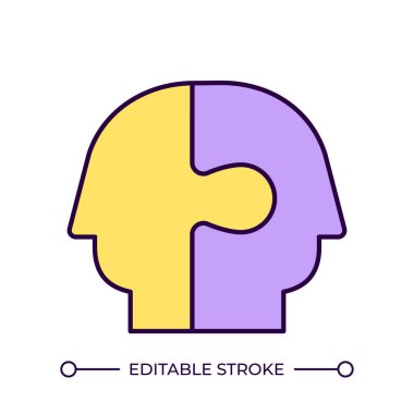 İnsan bağlantısı RGB renk simgesi. Birbirine kenetlenmiş iki kafa. Bulmaca parçaları. Bütünleşme ve işbirliği kavramı. İzole vektör çizimi. Basit bir çizgi çizimi. Düzenlenebilir vuruş