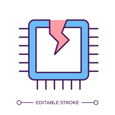 Broken CPU RGB color icon. Central processing unit failure. Hardware malfunction. Cracked microchip concept. Isolated vector illustration. Simple filled line drawing. Editable stroke clipart