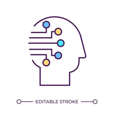 Yapay Zeka RGB renk simgesi. Makine öğrenimi. İnsan kafası ve devre çizgileri. Fütürist bir kavram. İzole vektör çizimi. Basit bir çizgi çizimi. Düzenlenebilir vuruş