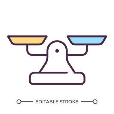 Denge ölçekli RGB renk simgesi. Eşitlik ve adaletin sembolü. Karar verme kavramı. Hukuk ve adalet. Karşılaştırma. İzole vektör çizimi. Basit bir çizgi çizimi. Düzenlenebilir vuruş