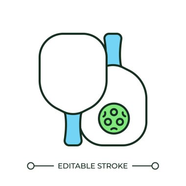 Pickleball raketleri RGB renk simgesi. Raketler ve top. Spor ve eğlence sektörü. Açık hava fiziksel aktiviteleri. Fitness. İzole vektör çizimi. Basit bir çizgi çizimi. Düzenlenebilir vuruş