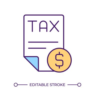 Vergi belgesi RGB renk simgesi. Finansal durum. Vergi formu ve dolar işareti. Fatura, Bill. Finans yönetimi. İzole vektör çizimi. Basit bir çizgi çizimi. Düzenlenebilir vuruş