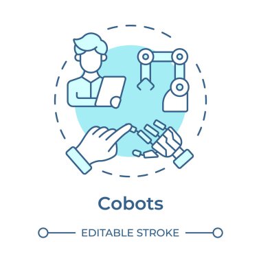 Robotlar yumuşak mavi konsept ikonu. İşbirlikçi robotlar. Endüstri 5.0 teknolojisi. İnsan-robot etkileşimi. Yuvarlak şekil çizimi. Soyut bir fikir. Grafik tasarımı. Makalede kullanması kolay