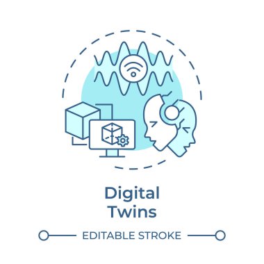 Dijital ikizler yumuşak mavi konsept ikonu. Sanal simülasyon. Endüstri 5.0 teknolojisi. Öngörülebilir bakım. Yuvarlak şekil çizimi. Soyut bir fikir. Grafik tasarımı. Kullanımı kolay