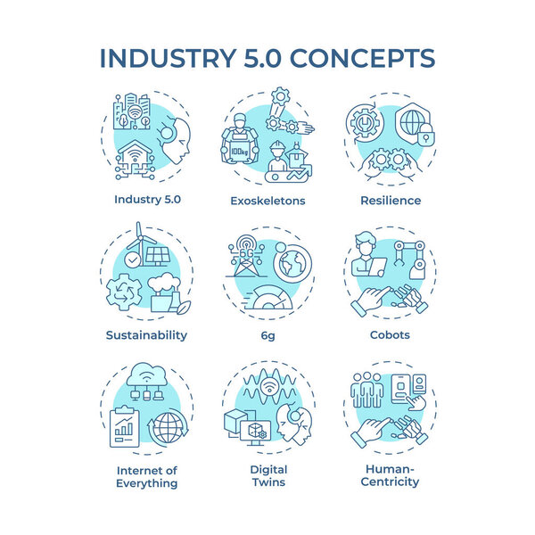 Industry 5 related soft blue concept icons. Industrial revolution. Smart technologies. Resilienca and sustainability. Icon pack. Vector images. Round shape illustrations. Abstract idea
