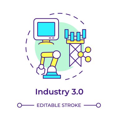 Endüstri 3.0 çok renkli konsept simgesi. Üçüncü sanayi devrimi. Dijital dönüşüm. Bilgisayarlar. Yuvarlak şekil çizimi. Soyut bir fikir. Grafik tasarımı. Makalede kullanması kolay