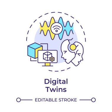 Dijital ikizler çok renkli konsept ikonu. Sanal simülasyon. Endüstri 5.0 teknolojisi. Öngörülebilir bakım. Yuvarlak şekil çizimi. Soyut bir fikir. Grafik tasarımı. Kullanımı kolay
