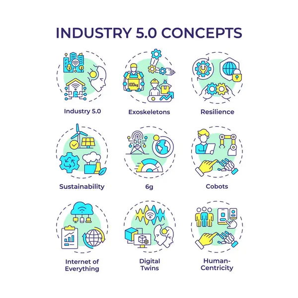 stock vector Industry 5 related multi color concept icons. Industrial revolution. Smart technologies. Resilienca and sustainability. Icon pack. Vector images. Round shape illustrations. Abstract idea