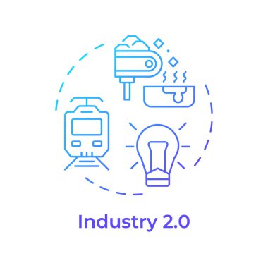 Endüstri 2.0 mavi gradyan konsept simgesi. İkinci sanayi devrimi. Elektrik ve seri üretim. Yuvarlak şekil çizimi. Soyut bir fikir. Grafik tasarımı. Makalede kullanması kolay