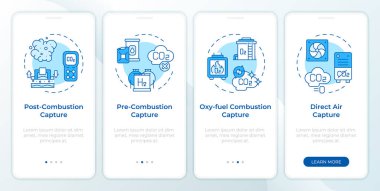 Mobil uygulama ekranında mavi karbon yakalama teknolojisi. Doğrusal kavramlarla düzenlenebilir grafik yönergelerini dört adımda gözden geçir. UI, UX, GUI şablonu. Montserrat Yarı Kalın, Düzenli yazı tipleri