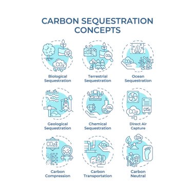 Karbon tecrit, yumuşak mavi konsept simgeleri. Karbondioksit salınımı, ormanlaşma. Sera gazı. Simge paketi. Vektör görüntüleri. Bilgi ve sunum için yuvarlak şekilli çizimler. Soyut fikir