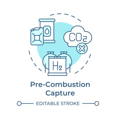 Yanma öncesi yakalama, yumuşak mavi konsept simgesi. Karbon depolama, rezervuarlar. Karbondioksit salınımı. Yuvarlak şekil çizimi. Soyut bir fikir. Grafik tasarımı. Kullanımı kolay bilgi sunumu