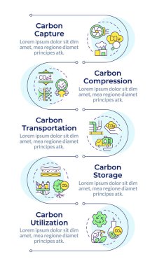 Karbon yakalama metodolojisi bilgisel dikey dizilim. Fosil yakıt, endüstriyel. 5 adımlı görselleştirme bilgi tablosu. Daireler iş akışı. Montserrat Yarı Kalın, Lato Düzenli yazı tipleri