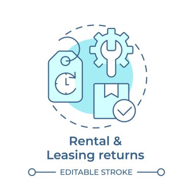 Kiralama ve kiralama, yumuşak mavi konsept simgesini geri getiriyor. Ters lojistik tipi. Ürün dönüşü. Sınırlı bir süre. Yuvarlak şekil çizimi. Soyut bir fikir. Grafik tasarımı. Makalede kullanması kolay