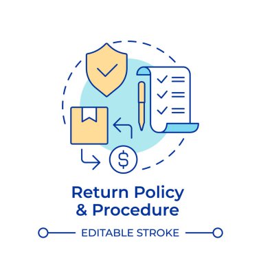 İade politikası ve prosedür çok renkli konsept simgesi. Ters lojistik tipi. Şartlar ve şartlar. Yuvarlak şekil çizimi. Soyut bir fikir. Grafik tasarımı. Makalede kullanması kolay