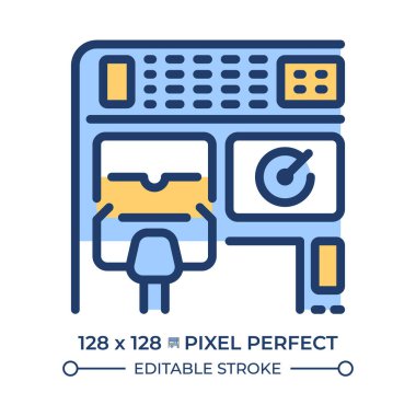Uçak kokpiti RGB renk simgesi. Kontrol paneli, torpido gözünde. Navigasyon teknolojisi. Uçak kontrolü. Özelleştirilebilir ince çizgi sembolleri. İzole vektör çizimi çizimleri. Düzenlenebilir vuruş