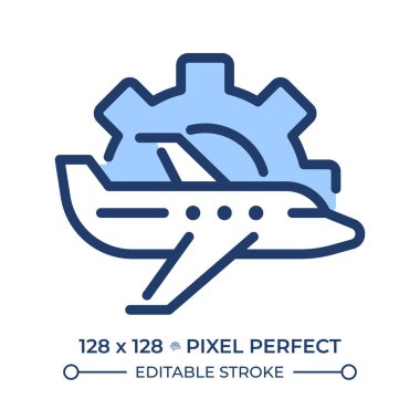 Uçak bakım RGB renk simgesi. Teknik servis. Uçak ve teçhizat. Havacılık endüstrisinde mühendislik ve bakım. İzole vektör çizimi. Basit bir çizgi çizimi. Düzenlenebilir vuruş