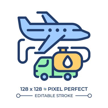 Havacılık yakıtı RGB renk simgesi. Hava taşıma operasyonları için yakıt ikmali yapılıyor. Uçak ve yakıt kamyonu. İzole vektör çizimi. Basit bir çizgi çizimi. Düzenlenebilir vuruş