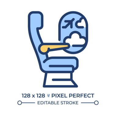 Uçak yolcu koltuğu RGB renk simgesi. Uçuş konforu. Oturma düzeni. Seyahat tecrübesi. Pencere kenarı. İzole vektör çizimi. Basit bir çizgi çizimi. Düzenlenebilir vuruş