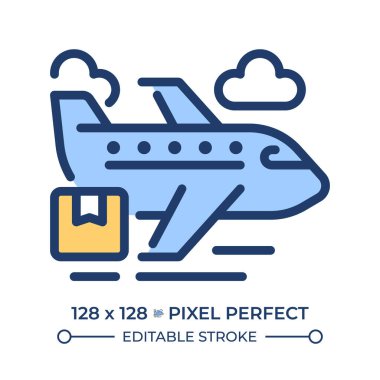 Cargo airplane RGB color icon. Representing air freight and logistics. Plane and parcel. Transportation of goods. Isolated vector illustration. Simple filled line drawing. Editable stroke clipart