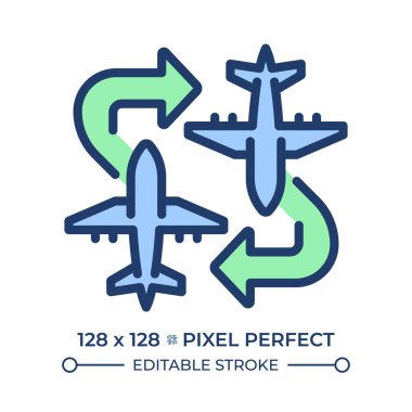 RGB uçuş renk simgesi. Oklu uçaklar. Esnek uçuş rotaları. Özel havacılık. Seyahat çözümleri. İzole vektör çizimi. Basit bir çizgi çizimi. Düzenlenebilir vuruş