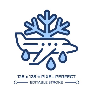 Aircraft deicing RGB color icon. Plane, snowflake and drops. Process of removing ice and snow from aircraft. Isolated vector illustration. Simple filled line drawing. Editable stroke clipart