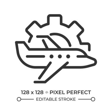 Uçak bakımı lineer simgesi. Teknik servis. Uçak ve teçhizat. Havacılık endüstrisinde mühendislik ve bakım. İnce çizgili çizim. Contour sembolü. Vektör çizimi. Düzenlenebilir vuruş