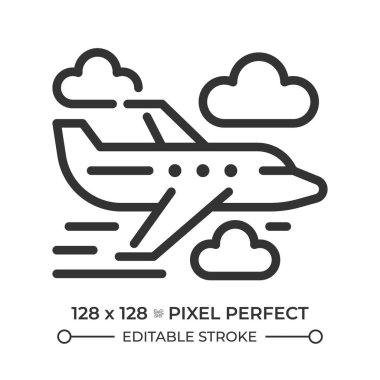 Yolcu düzlemi doğrusal simgesi. Hava ulaşımını ve ulaşımı temsil ediyor. Ticari havacılık. Havayolu hizmetleri. İnce çizgili çizim. Contour sembolü. Vektör çizimi. Düzenlenebilir vuruş