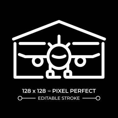 Hangar white linear icon for dark theme. Aircraft storage. Airplane maintenance. Aviation shelter. Airport infrastructure. Thin line illustration. Isolated symbol for night mode. Editable stroke clipart