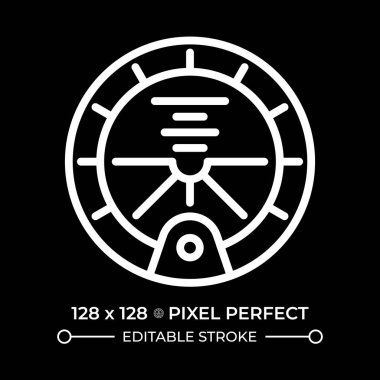 Karanlık tema için tutum göstergesi beyaz doğrusal simgesi. Esaslı bir kokpit aleti. Ufka göre oryantasyon. İnce çizgili çizim. Gece modu için izole edilmiş sembol. Düzenlenebilir vuruş