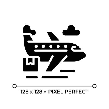 Kargo uçağı siyah kabartma simgesi. Hava taşımacılığını ve lojistiği temsil ediyor. Uçak ve paket. Malların nakliyesi. Beyaz uzayda siluet sembolü. Piktogram sağlammış. Vektör izole illüstrasyonu